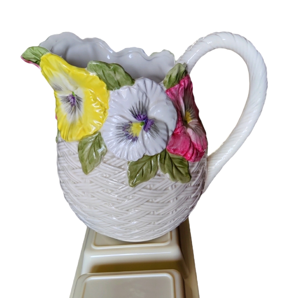 Fitz & Floyd Pansies Parade Pitcher Vintage 1990 Pansy Parade Ceramic Rare 2¼ QT
